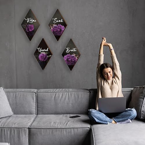 ONIZHITY Set of 4 Purple Bathroom Decor Rose Wooden Wall Decor Flower Rustic Romantic Floral Farmhouse Wall Decor Breathe Soak Unwind Relax Sign Purple Decor for Room Bedroom Bathroom (purple 12 x 7) - color: Purple Rose