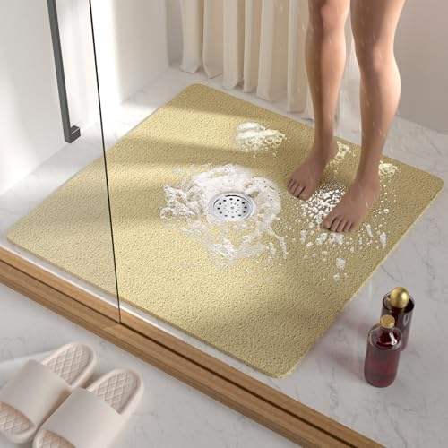 HITSLAM Square Shower Mat, 27 x 27 Inch Non Slip Bath Mat for Tub, Soft PVC Loofah Bathtub Mats with Drain Holes, Quick Drying Bathroom Stall Floor Mat, Bathroom Accessories Without Suction Cup, Beige - color: Beige, size: 27" x 27" (Square)