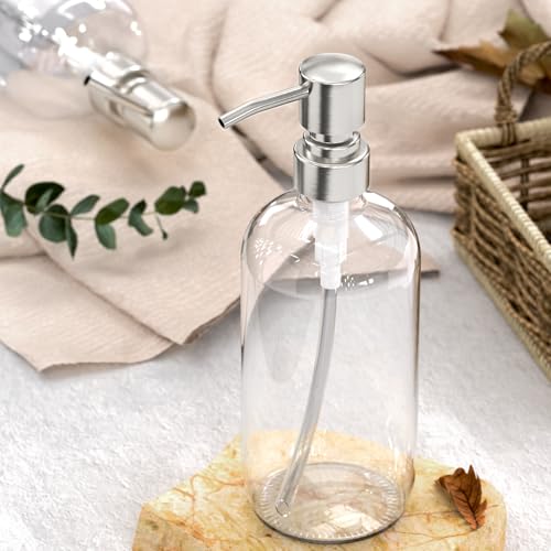AmazerBath Soap Dispenser, 2 Pack Glass Soap Dispenser with Pump Stainless Steel, 17 Oz Hand Soap Bottles Bathroom Kitchen, Clear - color: Brushed Stainless Steel