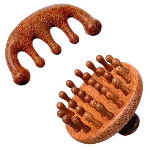 Trinkrittey 2 Pack Wooden Scalp Massager Comb Wooden Hair Brush Head Gua Sha Brush Hair Scrubber Portable Handheld Hairs Growth Tool for Women Men Hairs Growth Stress Relief Spa