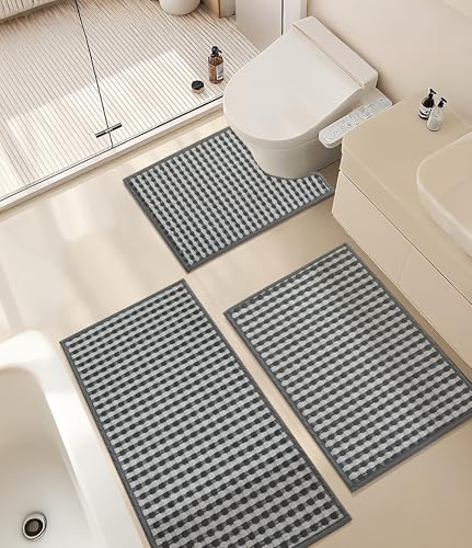 YIHOUSE Grey Bathroom Rugs Set 3 Pieces, Gray Checkered Absorbent Bath Mat Sets Quick Dry, Woven Soft Bath Rugs Non Slip, Thin Washable Rugs for Bathroom - color: Dark Grey, size: 3 Pieces