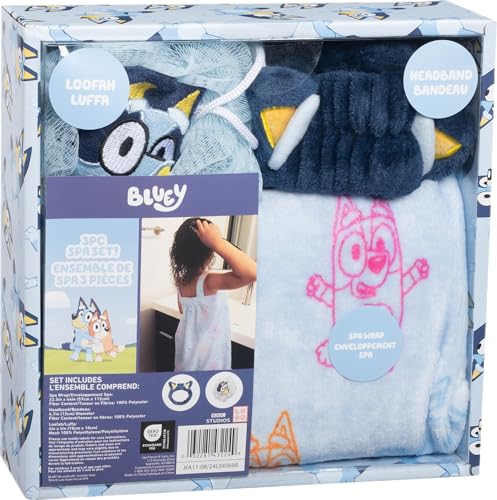 Jay Franco Bluey 3 Piece Spa & Bath Set - Includes Towel Wrap, Loofah & Spa Headband - Kids Bath & Shower Accessories - color: Blue - Bluey