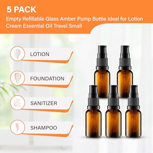 VitalUp 5 Pack Empty Refillable Glass Amber Pump Bottle Ideal for Lotion Cream Essential Oil Travel Small Container,15ml - size: 5 Pack (15ml)