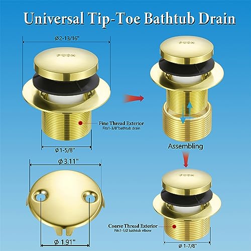 Tip Toe Bathtub Drain Conversion Kit Assembly, Tub Drain Plug Trim Set Bath Tub Drain Stopper with Two-Hole Overflow Faceplate (Brushed Gold) - color: Polished Brass