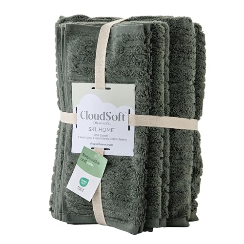 SKL Home CloudSoft 100% Cotton Luxury 6-Piece Towel Set, 600 GSM, Ultra Plush & Absorbent - 2 Bath Towels, 2 Hand Towels, 2 Washcloths, Green Pine - color: Green Pine, style: 6-Piece Towel Set