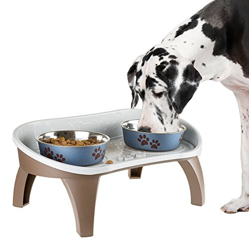 Elevated Pet Feeding Tray - 21″ x 11″ x 8.5″ Raised Dog Bowl Stand with Splash Guard and Non-Skid Feet - Comfortable Mealtime for Dogs and Cats by PETMAKER (Brown/Gray)