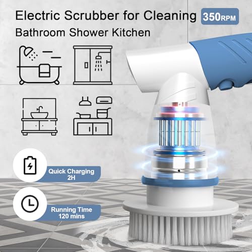 Electric Spin Scrubber, IEZFIX Electric Cleaning Brush Bathroom Shower Scrubbing Cleaner Brush Power Scrubber Cordless with 4 Replaceable Brush Heads for Bathtub, Tile, Floor, Toilet, Kitchen - Blue - color: 03 Lichen Blue