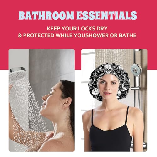 Luxury Shower Cap Satin Lined Reusable Waterproof Double Layer Elastic Adjustable Hair Bath Cap Cute Aesthetic Women Girlss-Skull - color: F5-Skull