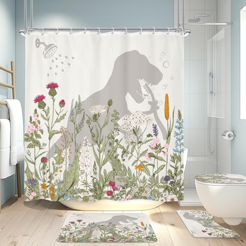 4PCS Wildflower Dinosaur Kids 71Wx71H Inches Floral Rustic Botanical Shower Curtain Sets with Rugs, Toilet Lid Cover and Bath Mat, Cute Bath Accessories Art Home Decor Fabric 12 Pack Hooks - color: B1-dinosaur