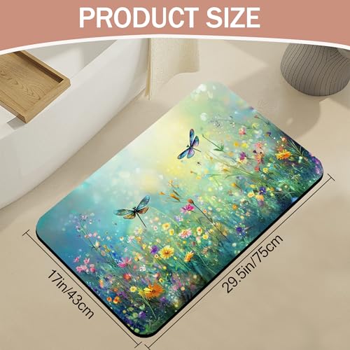 Non Slip Bath Mat,Dragonfly Bathroom Decor,Colorful Flowers Diatomaceous Bath Mat Quick Dry Absorbent Bathroom Rugs-Shower Rug for Kitchen Laundry Bathtub Shower 17"x29.5" - color: Dragonfly,colorful Flowers