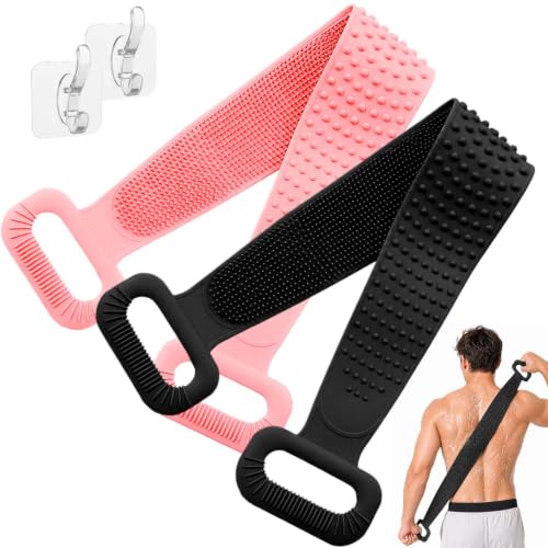 Manmihealth Silicone Back Scrubber for Shower, 36'' Extendable Back Washer with Long Strap Handle, Dual-Sided Silicone Body Brush for Men and Women(Black+Pink) - color: Black+pink