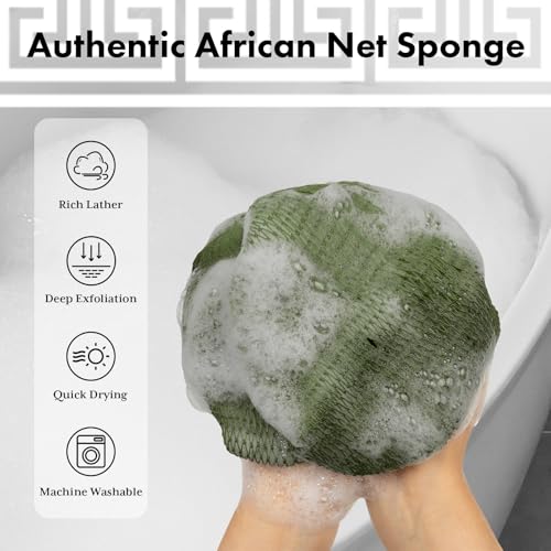 Bathway African Net Sponge Authentic with Handles (Set of 2), African Exfoliating Net Sponge, Exfoliating Body Scrubber Bath Sponge - Bathing Accessories with Storage Bag (Dark Green & Brown) - color: Dark Green & Brown