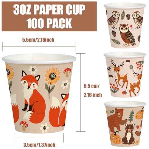 WRAPAHOLIC 3oz Woodland Animal Paper Cups - 100 Pack Disposable Bathroom Cups with Fox, Bear, Deer and Owl 4 Designs, Small Mouthwash Cup for Toothbrush Rinse, Home Bathroom, Fall and Baby Shower - color: Fox/Bear/Deer/Owl