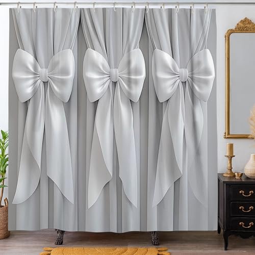 Bow Shower Curtain, Elegant Modern Ribbon Curtain N/a Gray Washable with Hooks Design Print Bath Curtains for Home Bathroom Toile Hotel Decor 62x72 Inch - size: 62"W x 72"L (Pack of 1)