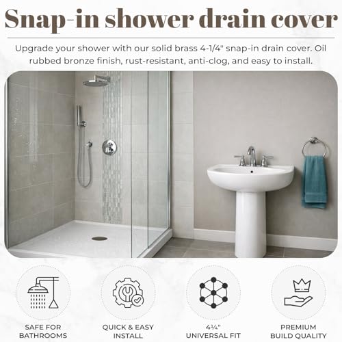 4 ¼” Venetian Bronze Snap-in Shower Drain Cover - Solid Brass Construction - 4.25" OD Drain Strainer - Easy Install - Premium Round Cover - Oil Rubbed Bronze Replacement Grate - color: Venetian Bronze