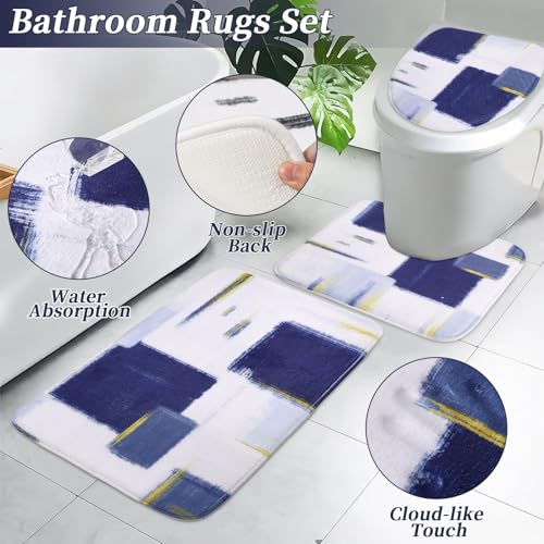 XLHOMO Bathroom Set - Navy Blue and Gold Bathroom Accessories Set, Bathroom Sets with Shower Curtain and Rugs, Blue Shower Curtain Set with Bathroom Trash Can, Soap Dispenser,Soap Dish for Home Decor - color: Plaid Blue & Gold, size: Complete Set + Bath R