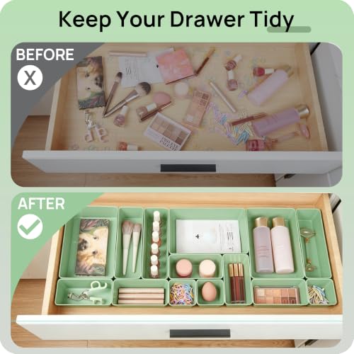 Vtopmart 25 PCS Plastic Drawer Organizers Set, 4-Size Versatile Bathroom and Vanity Drawer Organizer Trays, Storage Bins for Makeup, Bedroom, Kitchen Gadgets Utensils and Office - color: Sage Green