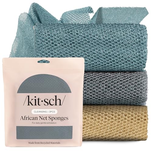 Kitsch African Net Sponge – Exfoliating Body Scrubber for Cleansing & Gentle Daily Exfoliation – Stretchable Bath Sponge for Hard-to-Reach Areas, Long-Lasting Shower Essential - Aqua Grey, 3 Pcs - color: Aqua Grey