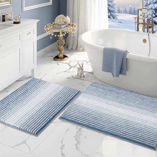 BSICPRO Bathroom Rugs and Mats Sets, 2 Piece Thick Absorbent Chenille Bath Mat Rug Set Non Slip, Soft Shaggy Bath Room Floor Mats for Bathroom, Machine Washable (Fog Blue, 20" x 32" Plus 16" x 24") - color: Fog Blue, size: 20" x 32" Plus 16" x 24"