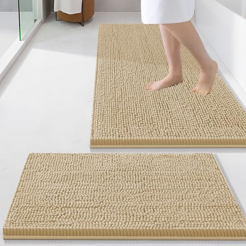 Smiry Bathroom Rugs Sets 2 Piece, Soft Absorbent Chenille Machine Washable Non Slip Shaggy Bath Rug Set for Tub, Shower, and Floor (34x21+24x16, Beige) - color: Beige, size: 34"x21"+24"x16"