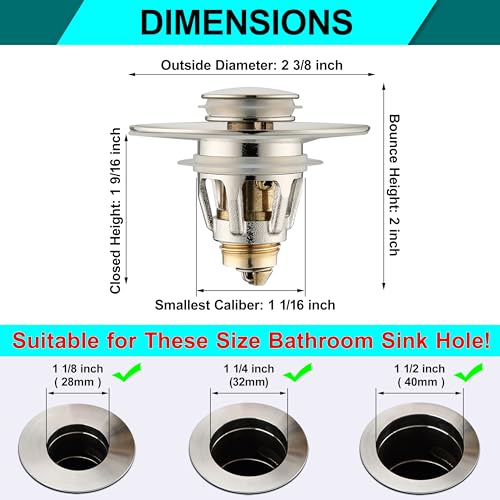 Universal Bathroom Sink Stopper - Bounce Wash Basin Drain Filter, Brushed Nickel Pop Up Drain Stopper, Bullet Core Push Type Sink Stopper, Sink Drain Plug with Anti-Clogging Strainer, for 1.1-1.5 inch - color: Brushed Nickel, style: Small Cover