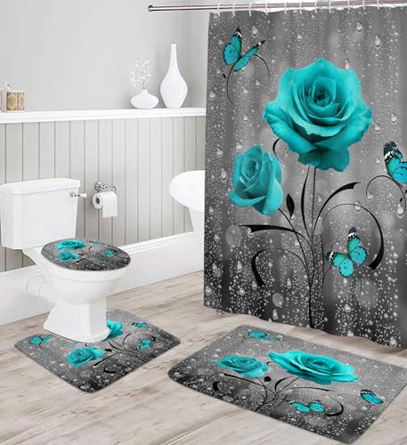 Teal Rose Shower Curtain Set Bathroom Rugs Flower Aqua Bath Mat Non-Slip Soft Toilet Lid Cover Absorbent Bath Rug Kitchen Floor Carpet 60x72 Inch - color: Teal