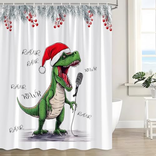 Christmas Shower Curtain Funny Dinosaur Singing Santa Hat Snowy Pine Tree Leaves Berry Cute Cartoon Dino Creative Winter Holiday Happy New Year Bath Curtain with Hooks - size: 70"W x 84"L (Pack of 1)