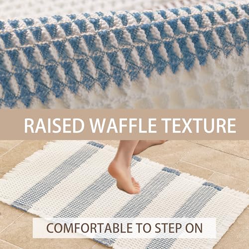 Waffle Bath Mat Non Slip, Boho Bathroom Rug, Super Absorbent Quick Dry Bathroom Mat, Soft Farmhouse Bath Rug with Tassels, Small Washable Shower Mats for Floor 20"x32", White and Blue - color: Blue and White, size: 1'8" x 2'8" (Rectangular)
