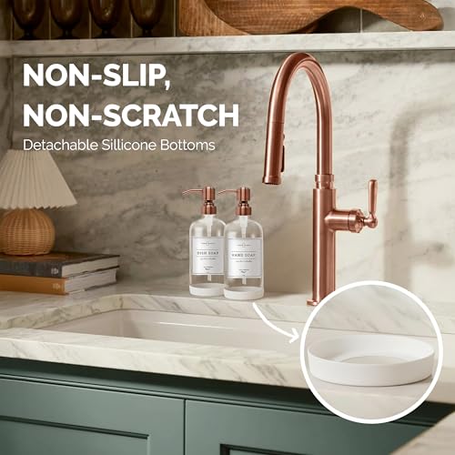 Vine Creations Clear Glass Soap Dispenser, 2 Pack Kitchen Soap Dispenser Set with Stainless Steel Pump, 16 oz Dish Soap and Hand Soap Dispensers for Bathroom with Waterproof Labels - color: Clear Bottle / Copper Pump