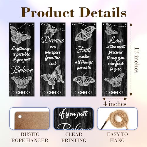 Qiwog 4 Pcs Butterfly Wall Decor Wooden Sign, Black Butterfly Bedroom Decor, Love Believe Dreams Faith Wooden Hanging Sign, Suitable For Home Wall Bathroom Bedroom Inspirational Decoration, A16 - color: Rustic