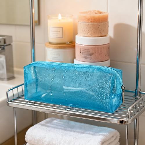 Waterproof Makeup Bag,10 x 3.5x 2 inch Blue TPU Travel Toiletry Bag with Handle for Women & Men, Portable Cosmetic Pouch for Gym Swim Beach (A250030-524-6) - color: Sky Blue