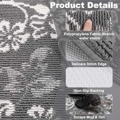 LOKHOM Boho Kitchen Rugs Sets of 3, Non Slip High-Low Textured Kitchen Mats for Floor with Rubber Backing, Paisley Floral Washable Carpet Runner for Hallways Entryway Laundry Sink (Grey & White) - color: Grey, size: 24"x35"+24"x48"+24"x60"