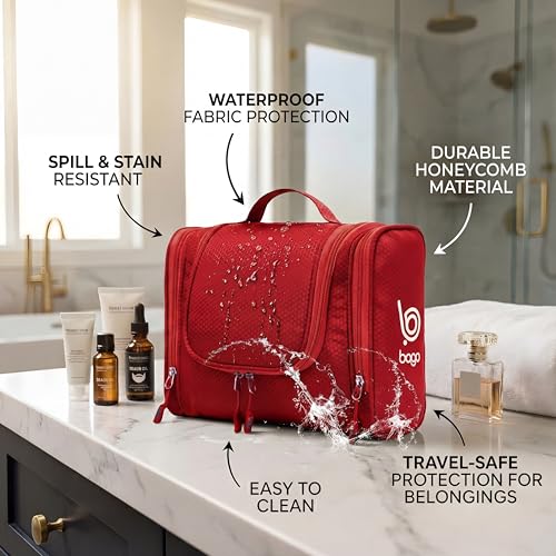 Bago Travel Toiletry Bag for Women and Men - Large Waterproof Hanging Large Toiletry Bag for Bathroom and Travel Bag for Toiletries Organizer - Makeup Bag (Red) - color: Red, size: Large