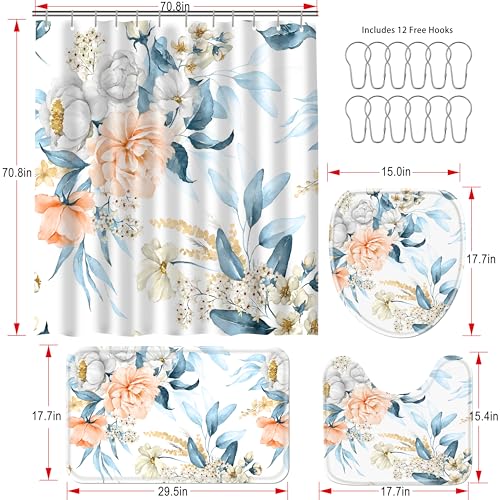 16 Pcs Floral Shower Curtain Set with Rugs, Flower Bath Curtains and High Absorbent Non-Slip Mats, Thick 120GSM Fabric Curtain with 12 Metal Hooks, Multi Floral, 72x72 Inch - color: Flower A-pink Blue