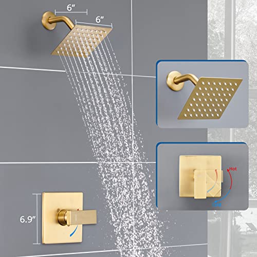 Esnbia Shower Kit, Shower Faucet Set（Valve Included) with 6-Inch Rain Shower Head, Single-Handle Shower Trim Kit, Brushed Gold - color: Brushed Gold, style: without tub spout