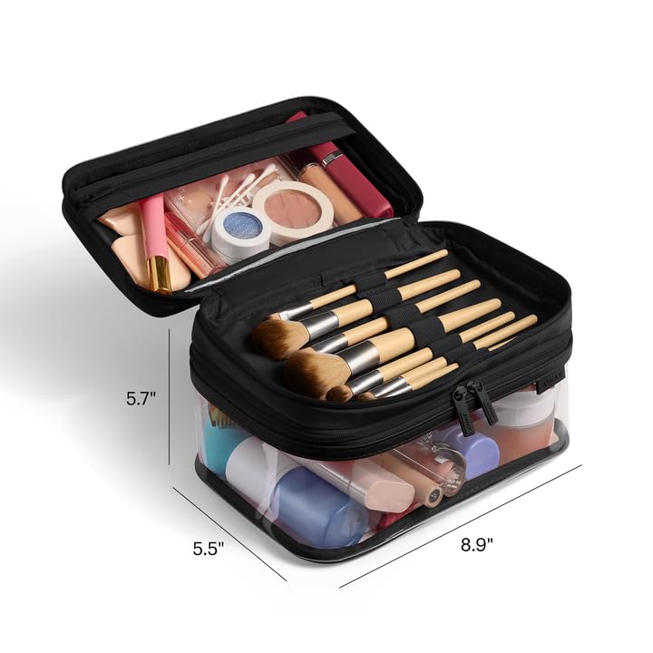 Away Clear Cosmetic Case - Water-Repellent Transparent Cosmetic Bag with 2 Compartments, Brush Holder, Interior Zip Pocket - Jet Black - color: Jet Black