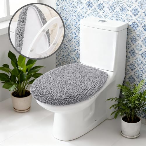 RUN HELIX Bathroom Toilet Lid Cover,Chenille Machine Washable Seat Covers, 17.5x15, Stays in Place Rubber Backing, Fits Most Round, Elongated and Oblong Lids, Accessories Decor, Light Grey - color: Light Grey, size: Lid 17.5"x15"