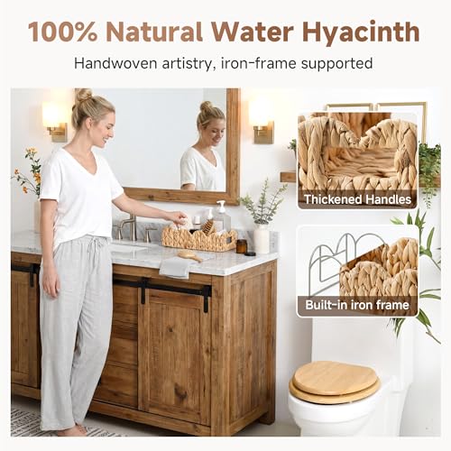 StorageWorks Small Wicker Scalloped Baskets for Bathroom Decor, Water Hyacinth Bathroom Baskets for Storage, Decorative Toilet Paper Basket for Back of Toilet Basket Tank Topper with Handles - color: Natural (Water Hyacinth), size: 14¼" L x 6¾" W x 3¾" H