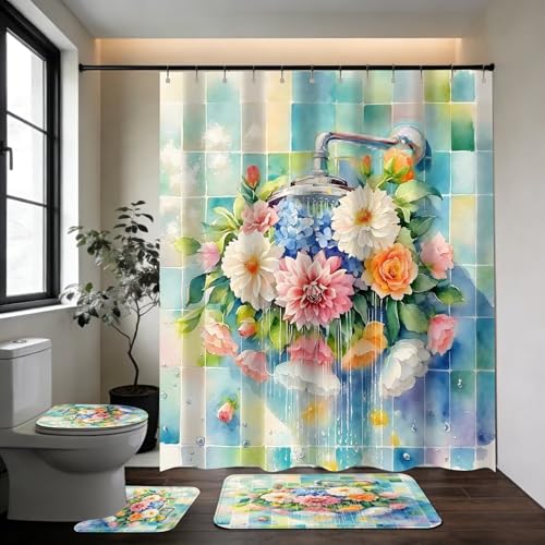 DDQQ 4Pcs Colorful Floral Shower Curtain Set Modern Showerhead Bathroom Sets with Rugs Spring Flower Shower Curtain Set Brightly Bathroom Rugs Set Bathroom Decor Toilet Lid Cover 12 Hooks - color: Colorful