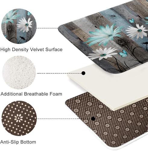 ArtSocket Teal Daisy Flowers Butterfly Bathroom Set with Shower Curtain and Bath Rugs and Accessories,Wooden Boards Non-Slip Shower Curtain Set,Bathroom Decor 3 Pcs - color: Teal Daisy Flowers