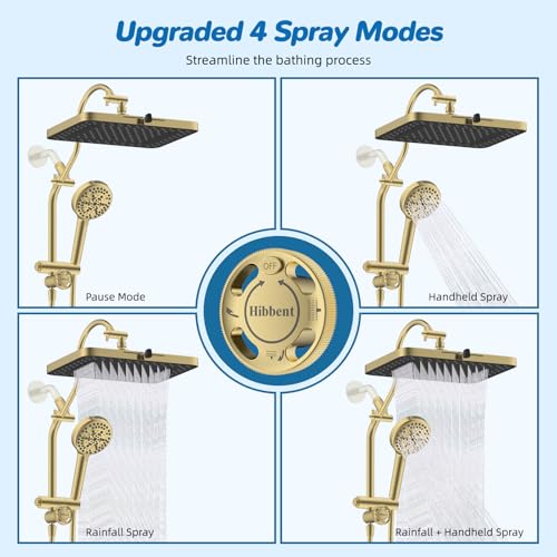 Hibbent cUPC Certified 13'' Shower Head Combo, High Pressure 5 Spray Rainfall Showerhead, 10 Spray Handheld, All Metal Easy Reach 4-way Diverter Arm with Pause Mode, 71'' Hose and Holder, Brushed Gold - color: Brushed Gold, style: Square 13"