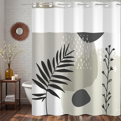 No Hook Boho Shower Curtain and Liner Set 71 x 74 Inch | Gray Abstract Botanical Design, Waterproof Fabric Bath Curtain for Mid Century Modern Bathroom, Hotel, Breathable Mesh Top - color: Gray 02