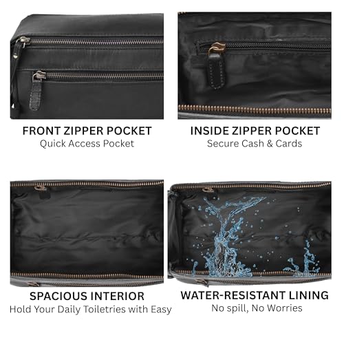 Full Grain Leather Toiletry Kit for Men & Women – Travel Toiletries & Shaving Bag Organizer, Water-Resistant Grooming Case for Bathroom, Makeup & Cosmetic Storage - Midnight Black - color: Matte Black