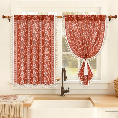 Yinhua Boho Kitchen Curtains 36 Inch Length Vintage Linen Burnt Orange Cafe Curtains Light Filtering Floral Tier Rod Pocket Farmhouse Rustic Tassel Terracotta Small Drapes with Tiebacks, 2 Panels - color: Terracotta, size: 26"W x 36"L (Pack of 2)
