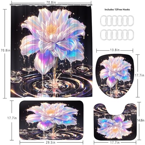 4 Piece Lotus Shower Curtain Set with Rugs, Luxury Iridescent Effect Flower & Crystal Water Ripple Bathroom Decor, Waterproof Fabric Curtain, Non-Slip Bath Mat & Toilet Lid Cover - color: Pink Purple