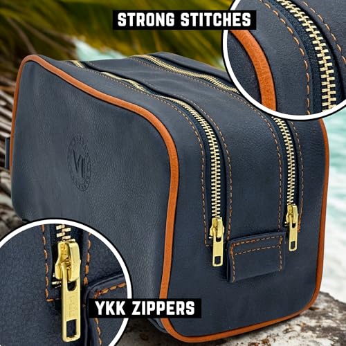 Mens Toiletry Bag, Premium PU Leather Travel Kit, Metal Zippers & Bottom Studs, Velvet Dust Bag & Shape-Retention Packaging – Gift Ready For Groomsmen, Anniversary, Birthday Gifts/ NAVY/ORANGE - color: NAVY BLUE/ORANGE