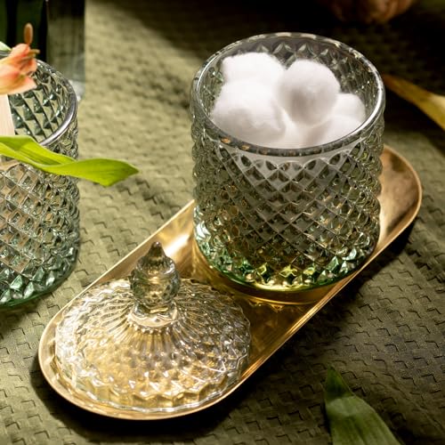 EMPO 5Pcs Diamond Glass Bathroom Accessories Complete Set, Triangle Vintage Lotion Dispenser, Soap Dish, Toothbrush Holder, Tumbler, Cotton Swab Jars, Modern Decor, Housewarming Gift Set (Oliva Green) - style: Diamond Oliva Green Set