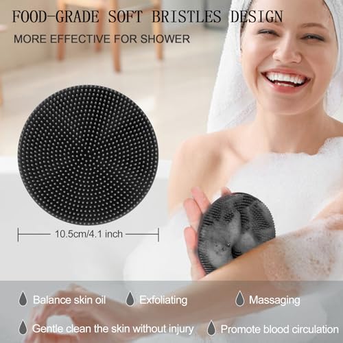 INNERNEED Food-Grade Soft Silicone Body Scrubber Shower Brush Handheld Cleansing Skin Brush, Gentle Exfoliating and Lather Well (Black) - color: Black