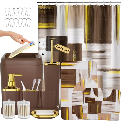 XLHOMO Bathroom Accessories Set - 25PC Bathroom Set with Shower Curtain and Rugs, Brown Bathroom Set, Bathroom Accessory Set with Press-on Lid Trash Can, Soap Dispenser and Qtip Holders - color: Brown & Gold, size: Plaid Complete Set + Bath Rugs
