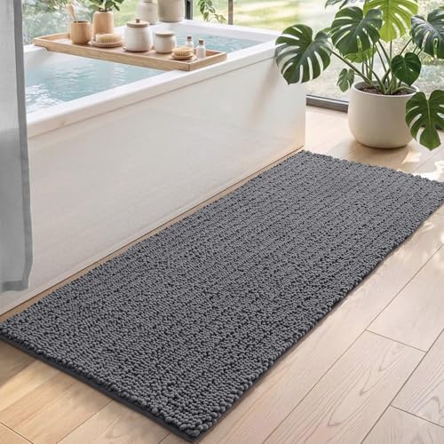 DEXI Bathroom Rugs 60x24, Super Soft Thick Chenille Absorbent Bath Mat, Non Slip Machine Washable Fluffy Shag Bathmat for Sink, Tub, Shower Floor, Grey - color: Grey, size: 60" X 24" (Rectangular)